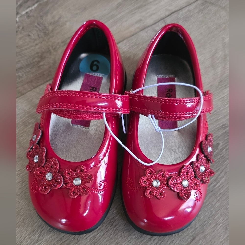 Rachel Shoes Glossy Red Mary Janes with Floral Accents - Picture 2 of 2